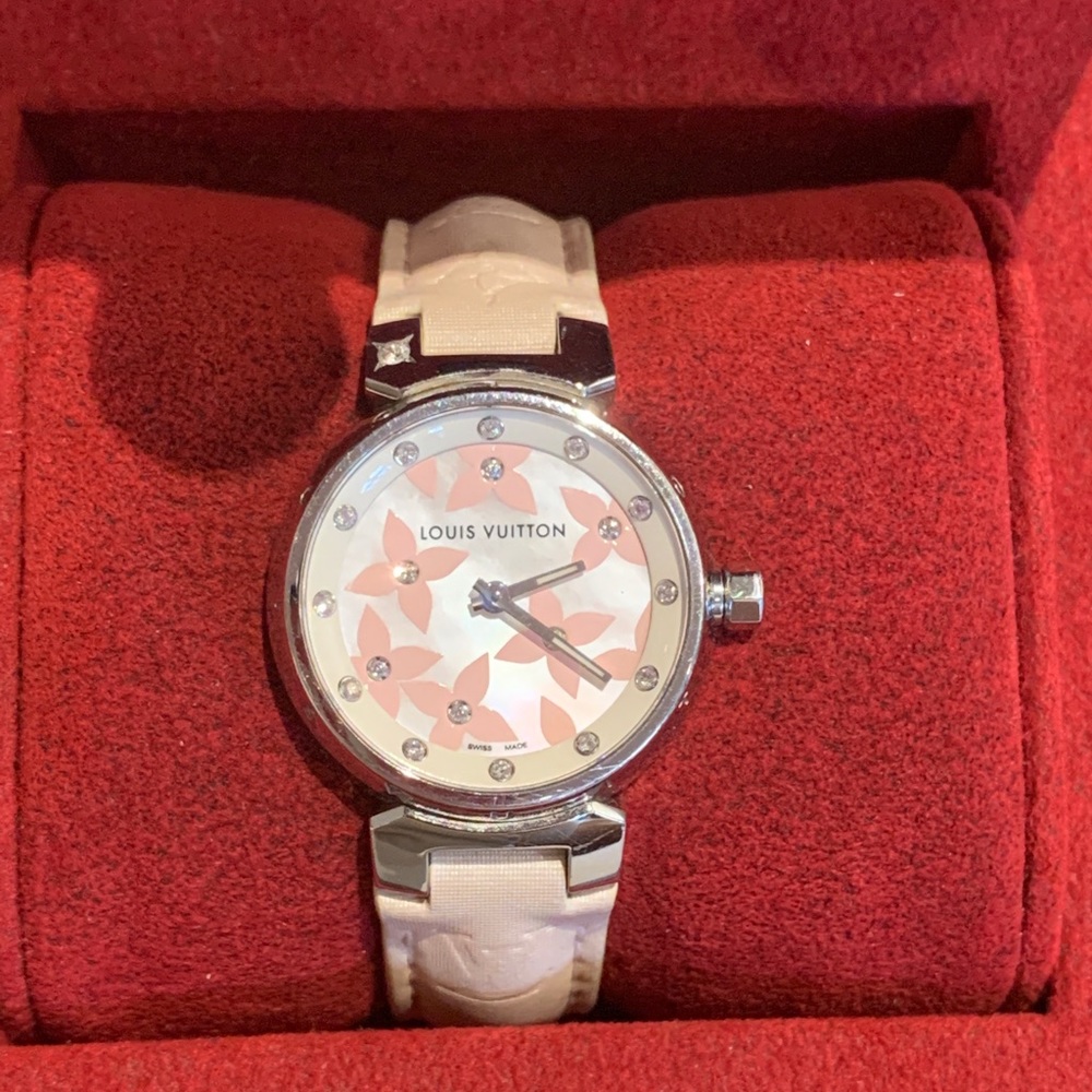 Authentic LOUIS VUITTON Tambour Pink with Diamonds Quartz Leather Ladies Watch